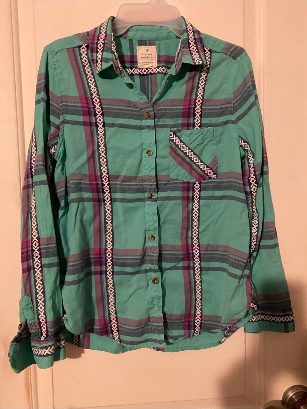 American Eagle Outfitters Turquoise Plaid Shirt with Purple & Navy Accents